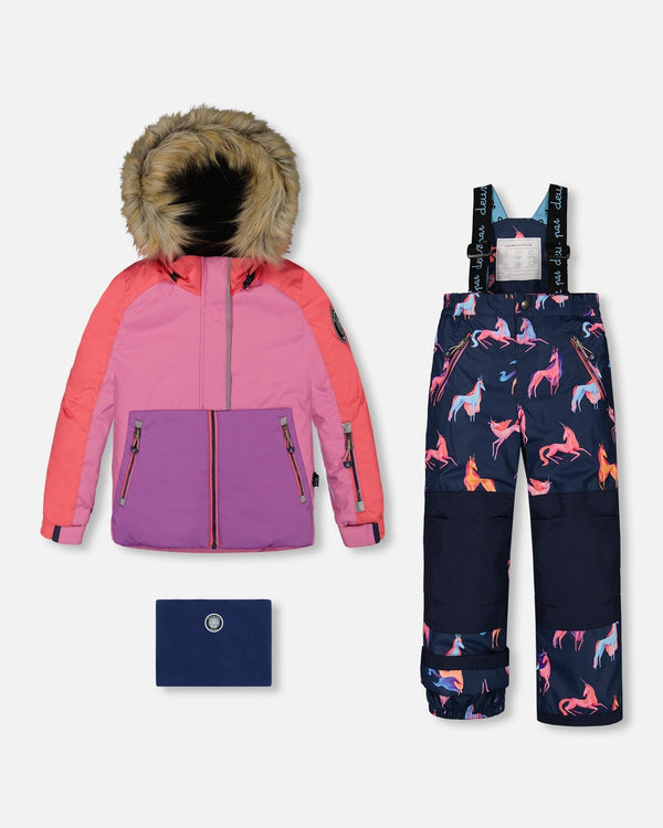 Two Piece Snowsuit Colorblock Purple And Coral With Printed Unicorns - G10I801_012