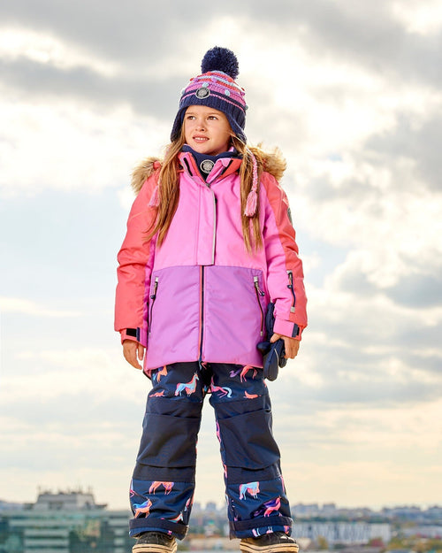 Two Piece Snowsuit Colorblock Purple And Coral With Printed Unicorns - G10I801_012