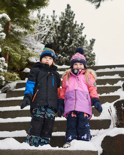 Two Piece Snowsuit Colorblock Purple And Coral With Printed Unicorns Snowsuits Deux par Deux 