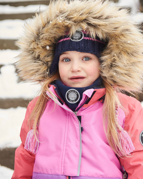 Two Piece Snowsuit Colorblock Purple And Coral With Printed Unicorns Snowsuits Deux par Deux 