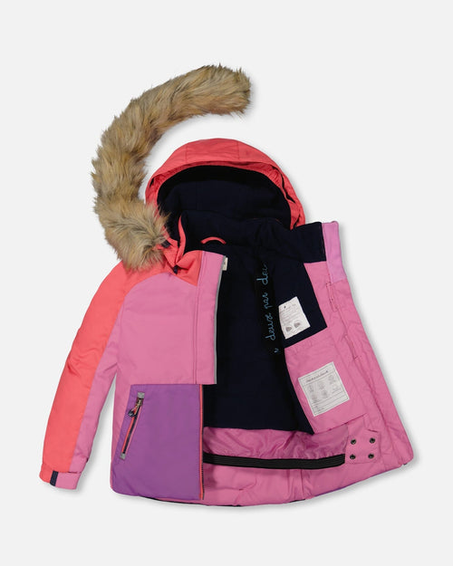 Two Piece Snowsuit Colorblock Purple And Coral With Printed Unicorns - G10I801_012