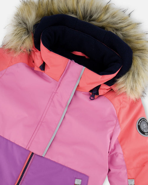 Two Piece Snowsuit Colorblock Purple And Coral With Printed Unicorns - G10I801_012