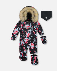 One Piece Baby Snowsuit Black Printed Roses Designed For Car Seat - G10J703_011