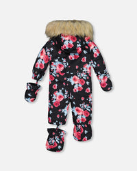 One Piece Baby Snowsuit Black Printed Roses Designed For Car Seat - G10J703_011