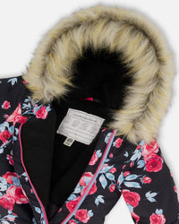 One Piece Baby Snowsuit Black Printed Roses Designed For Car Seat - G10J703_011