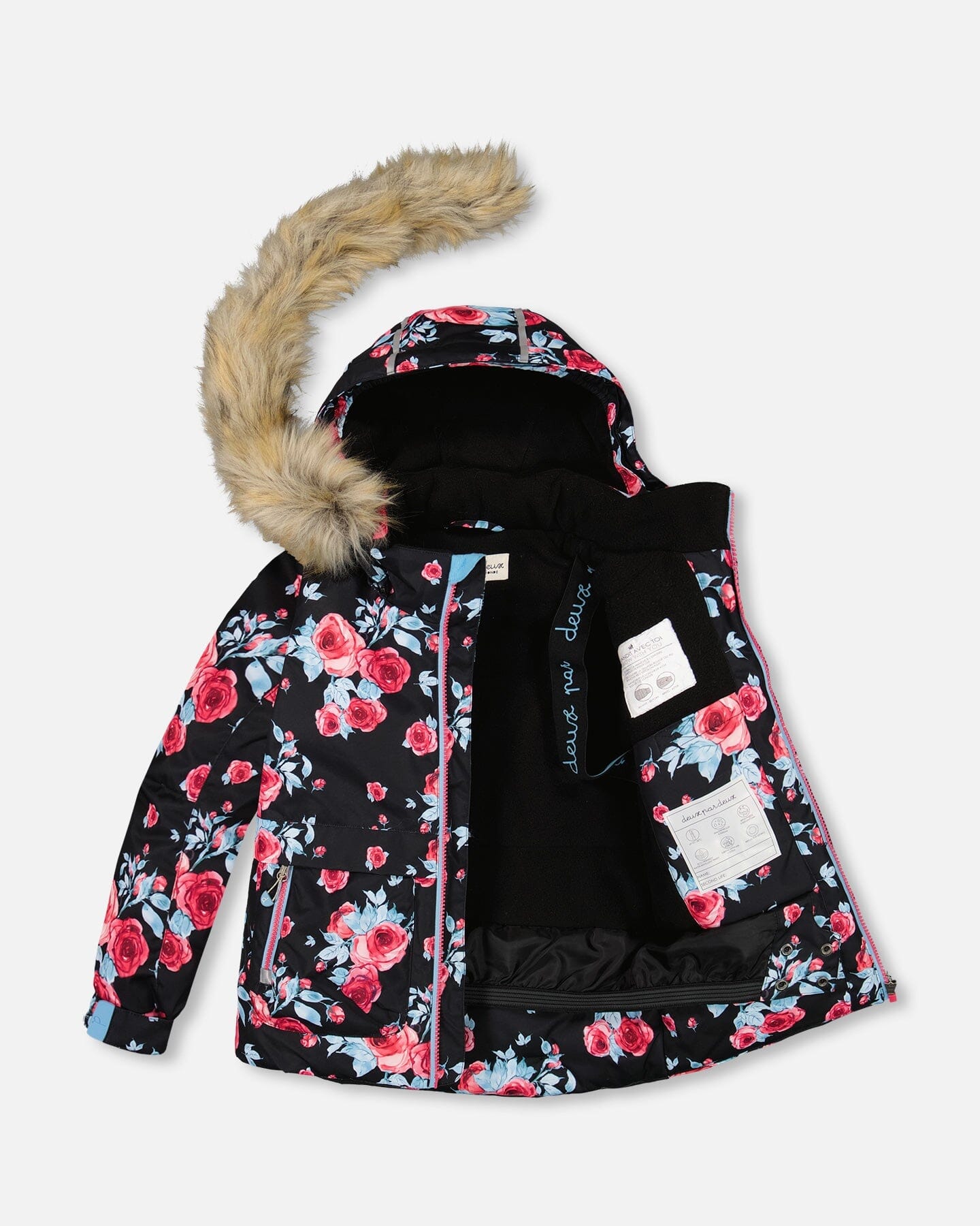 Two Piece Snowsuit Black Printed Rose With Fuschia Pink - G10J803_652