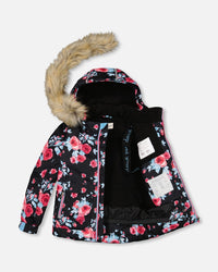 Two Piece Snowsuit Black Printed Rose With Fuschia Pink - G10J803_652