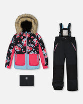 Habit de neige 2-pièces imprimé de roses et pantalon noir