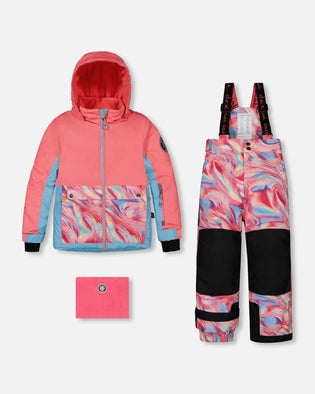 Two Piece Snowsuit Colorblock Coral And Air Blue With Printed Marble - G10K804_007
