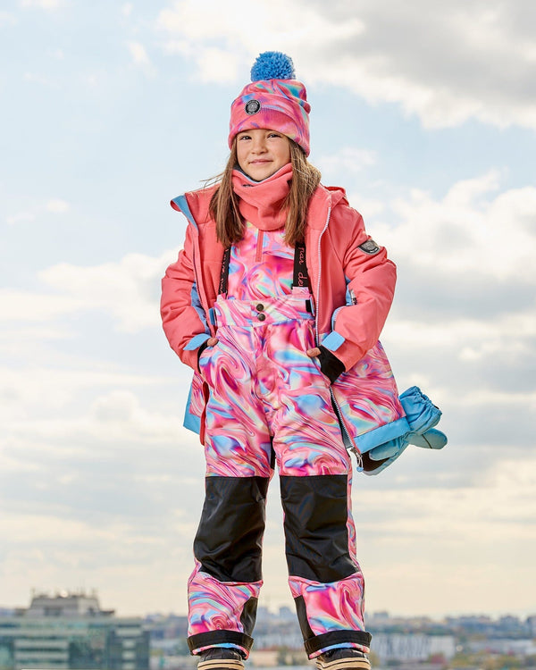 Two Piece Snowsuit Colorblock Coral And Air Blue With Printed Marble - G10K804_007