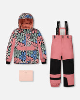 Habit de neige 2-pièces imprimé fleurs rétro et pantalon rose