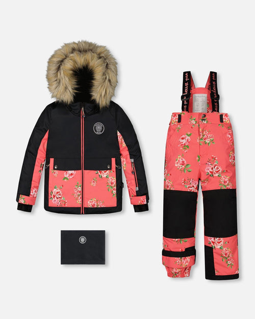 Two Piece Snowsuit Black With Print Pant Printed Coral Flowers - G10M805_008