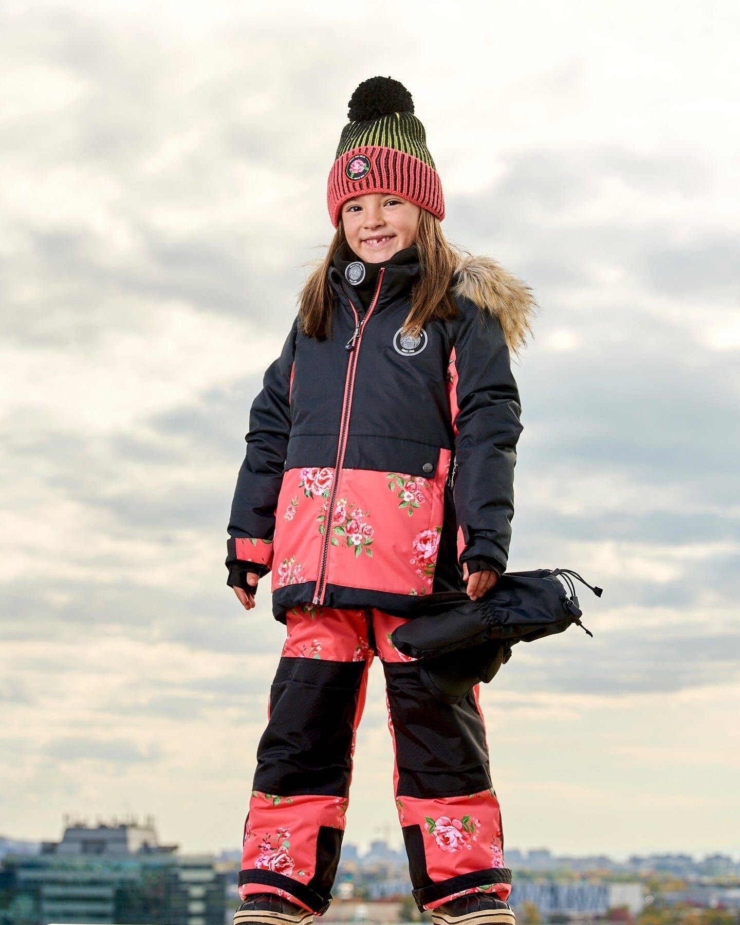 Two Piece Snowsuit Black With Print Pant Printed Coral Flowers - G10M805_008