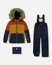 Two Piece Snowsuit Colorblock Burnt Orange, Brown And Navy Snowsuits Deux par Deux 