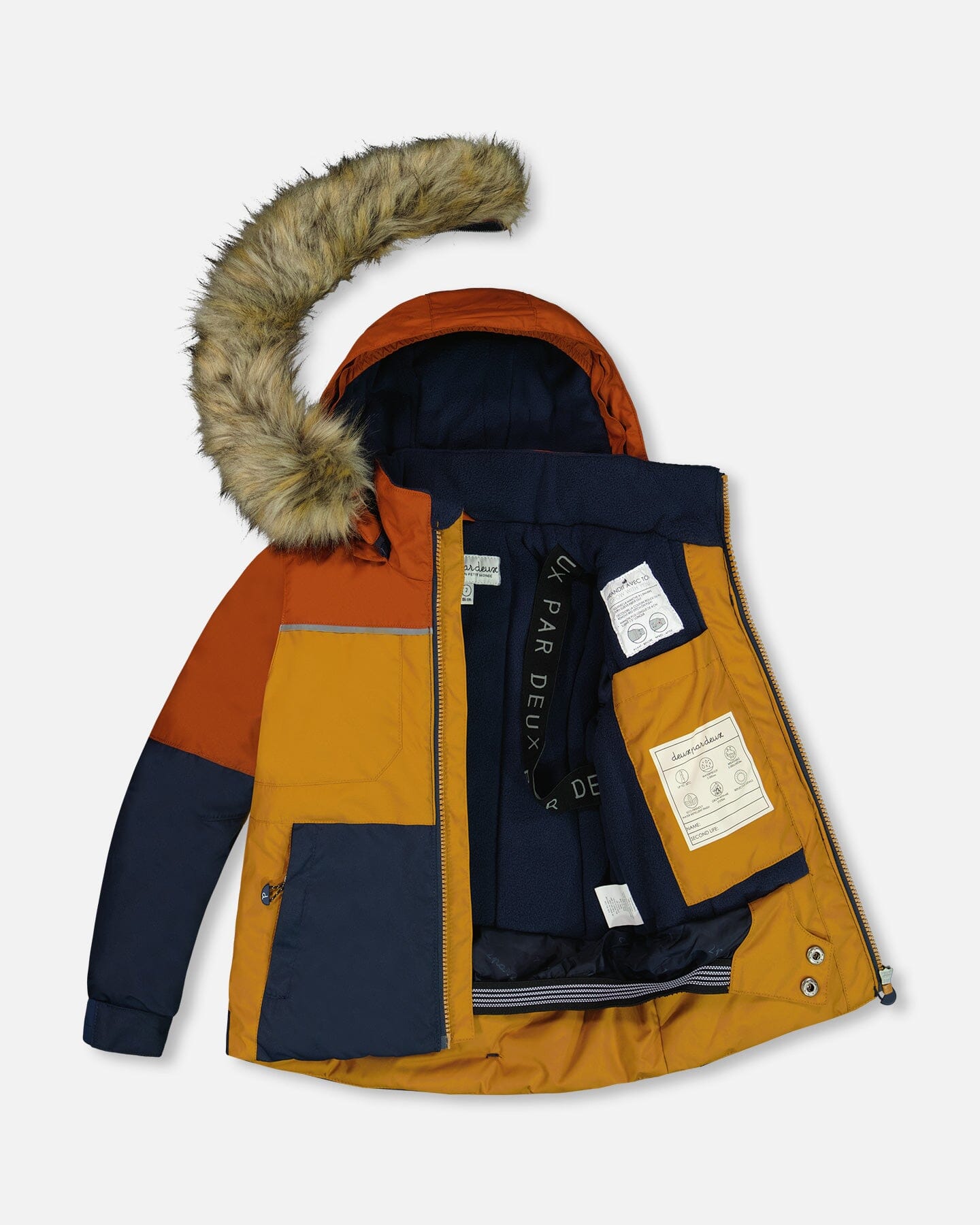 Two Piece Snowsuit Colorblock Burnt Orange, Brown And Navy Snowsuits Deux par Deux 