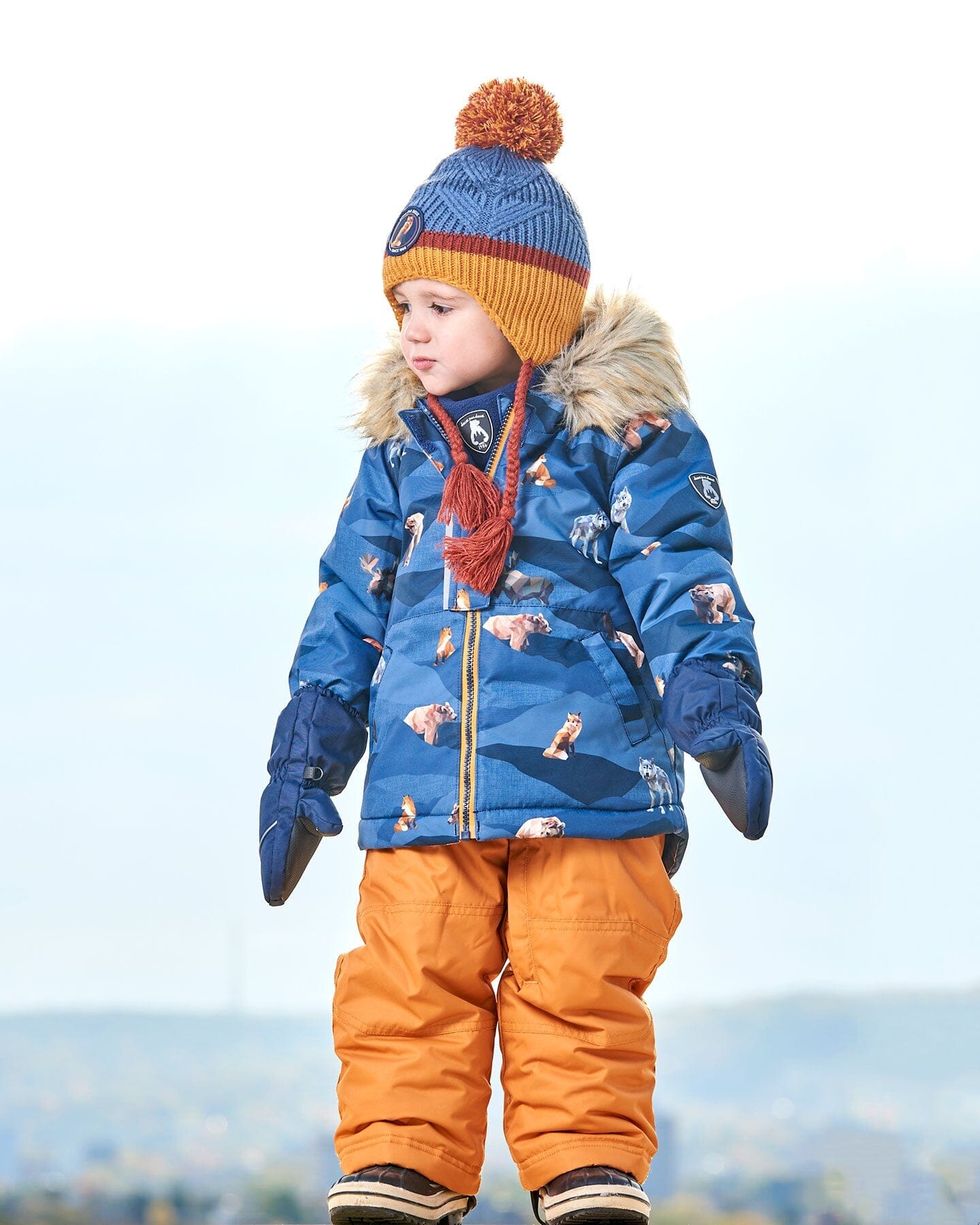 Two Piece Baby Snowsuit Ochre And Navy Printed Mountains Animals - G10P502_271