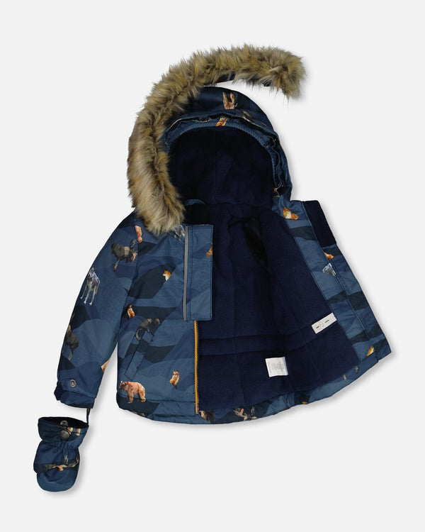 Two Piece Baby Snowsuit Ochre And Navy Printed Mountains Animals - G10P502_271