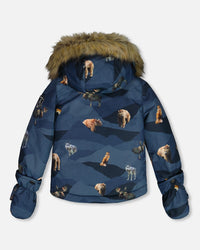 Two Piece Baby Snowsuit Ochre And Navy Printed Mountains Animals - G10P502_271