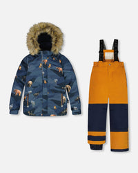 Two Piece Snowsuit Ochre And Navy Printed Mountains Animals Snowsuits Deux par Deux 