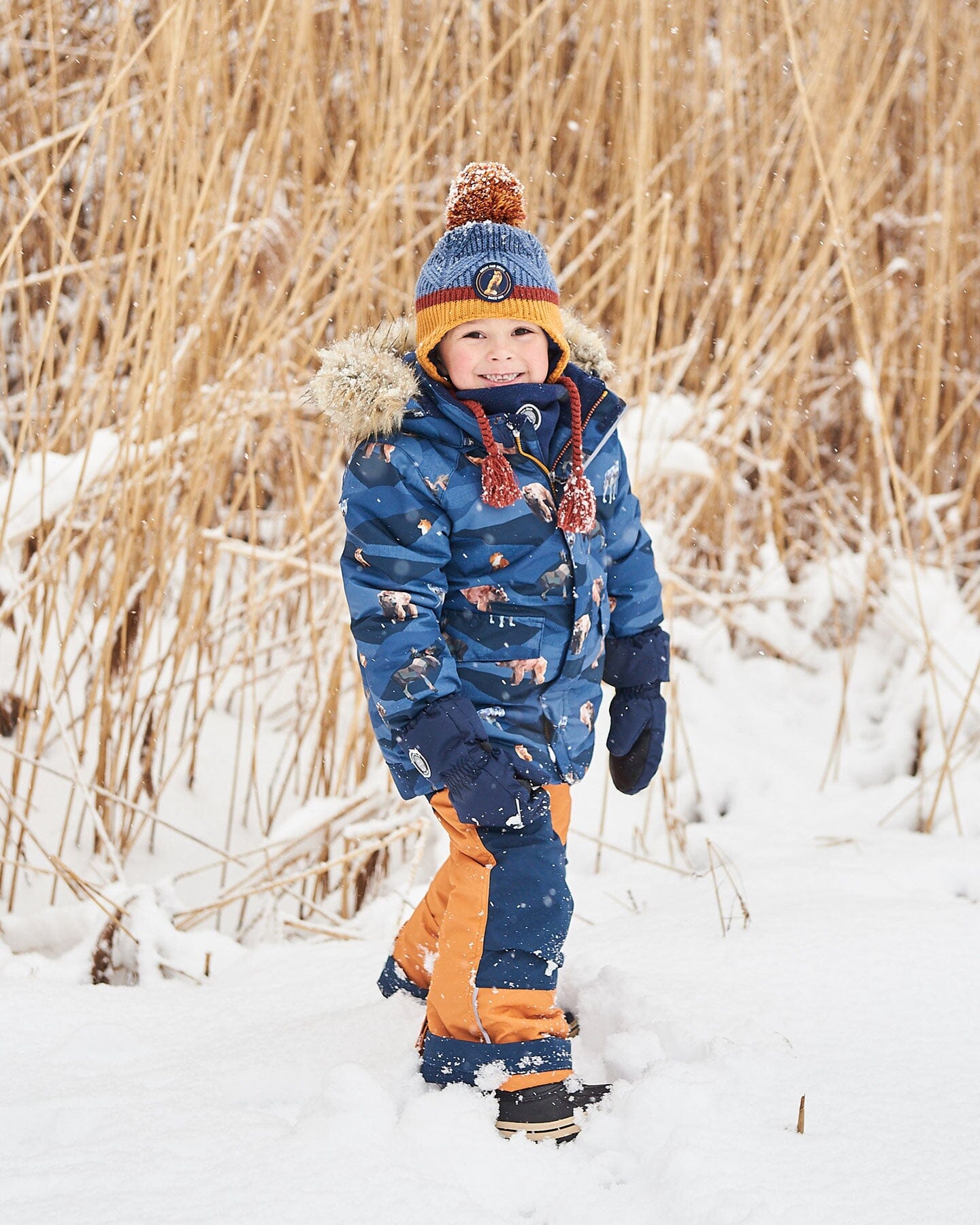 Two Piece Snowsuit Ochre And Navy Printed Mountains Animals Snowsuits Deux par Deux 