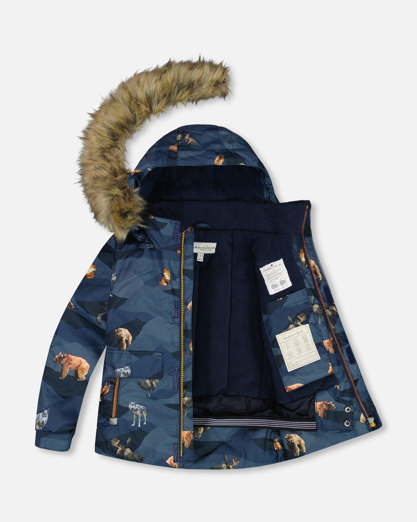 Two Piece Snowsuit Ochre And Navy Printed Mountains Animals Snowsuits Deux par Deux 