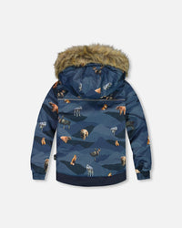 Two Piece Snowsuit Ochre And Navy Printed Mountains Animals Snowsuits Deux par Deux 