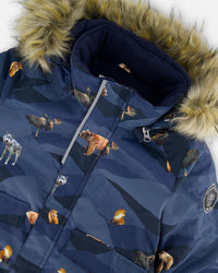 Two Piece Snowsuit Ochre And Navy Printed Mountains Animals Snowsuits Deux par Deux 