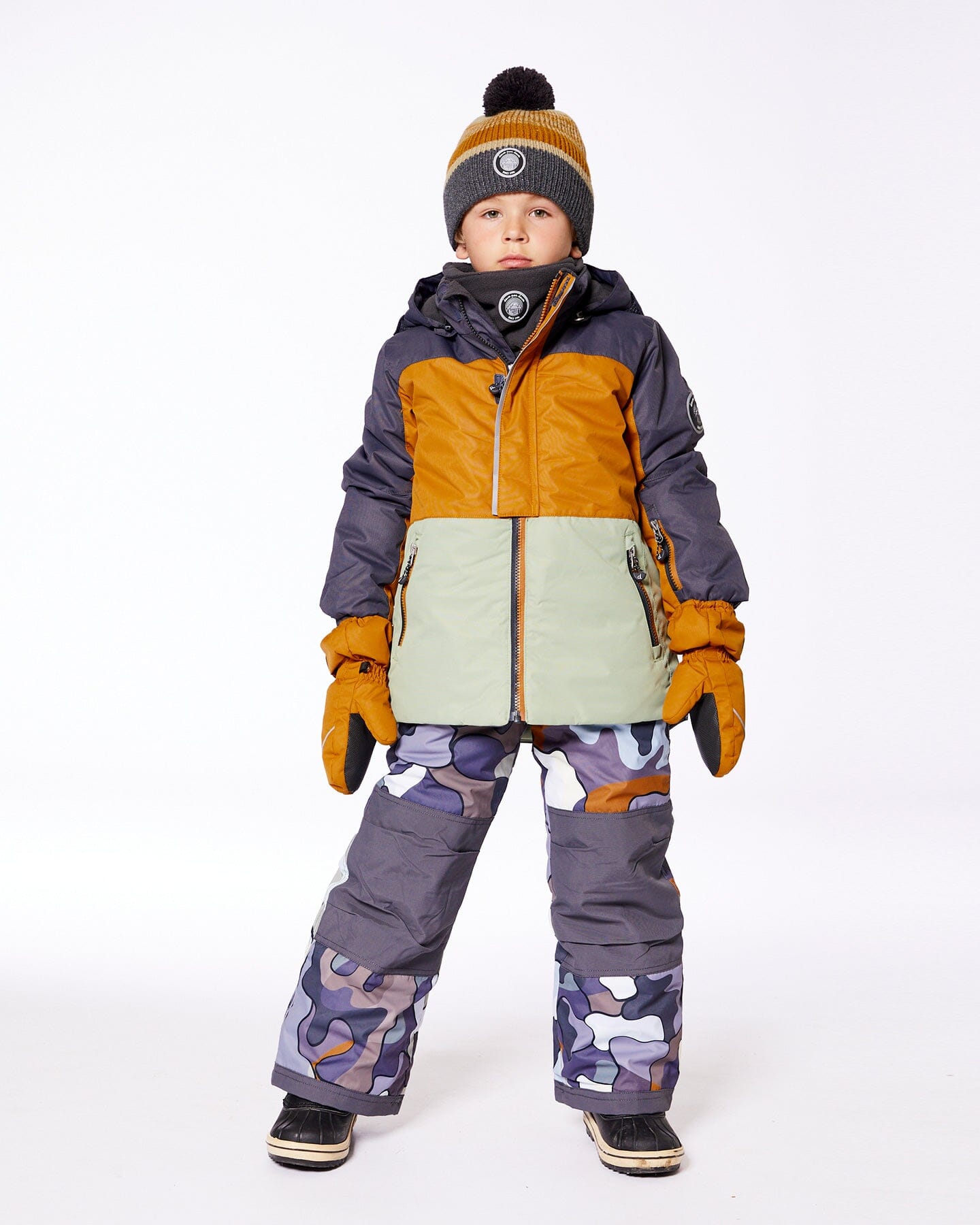 Two Piece Snowsuit Colorblock And Print Camo Dark Gray Snowsuits Deux par Deux 