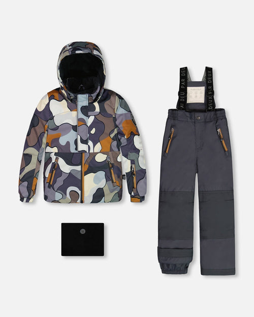 Two Piece Snowsuit Solid Pant And Print Jacket Dark Gray Camo - G10Q809_493