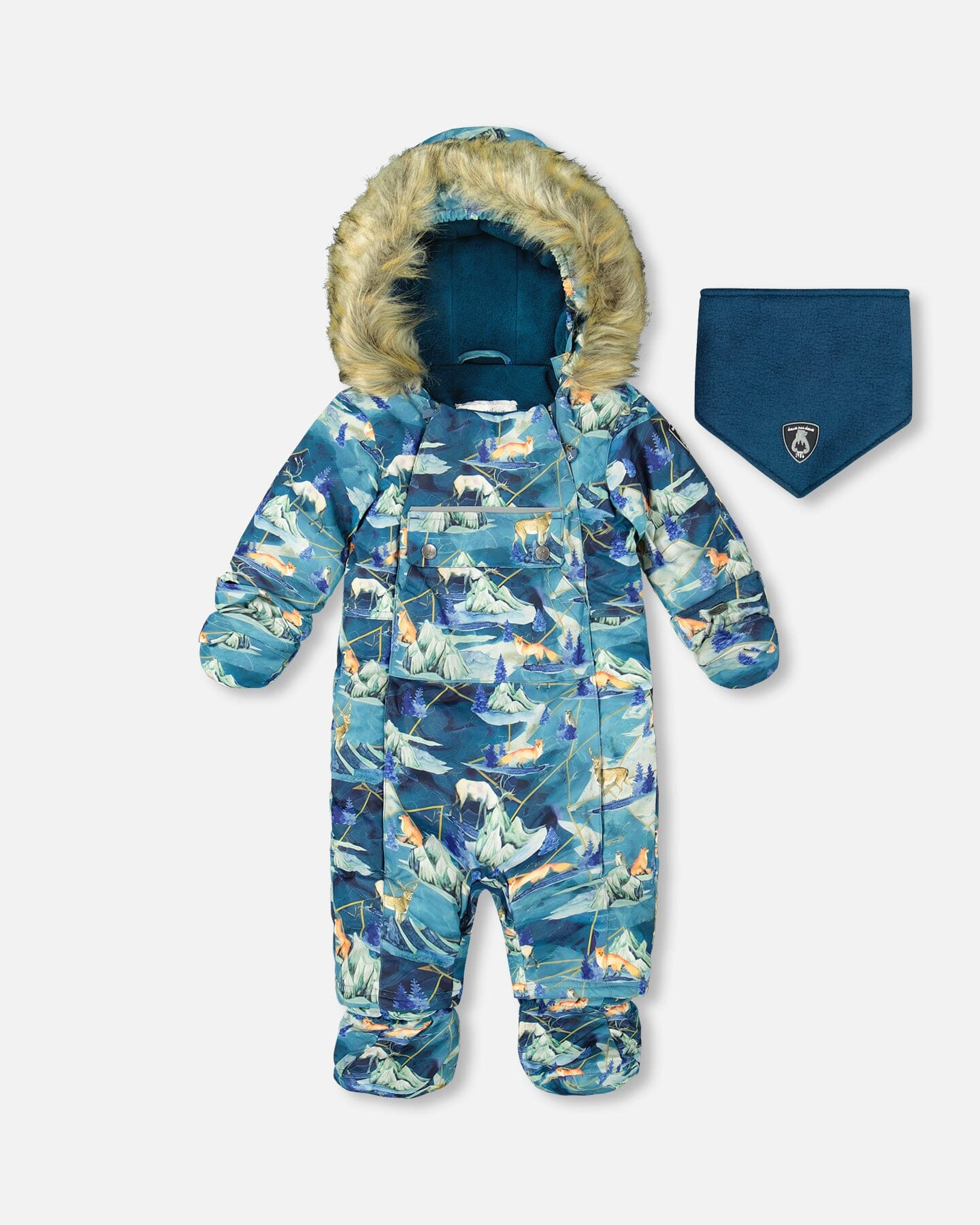 One Piece Baby Snowsuit Blue Printed Animals And Glaciers Designed For Car Seat Snowsuits Deux par Deux 