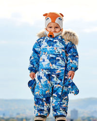 One Piece Baby Snowsuit Blue Printed Animals And Glaciers Designed For Car Seat - G10S703_025