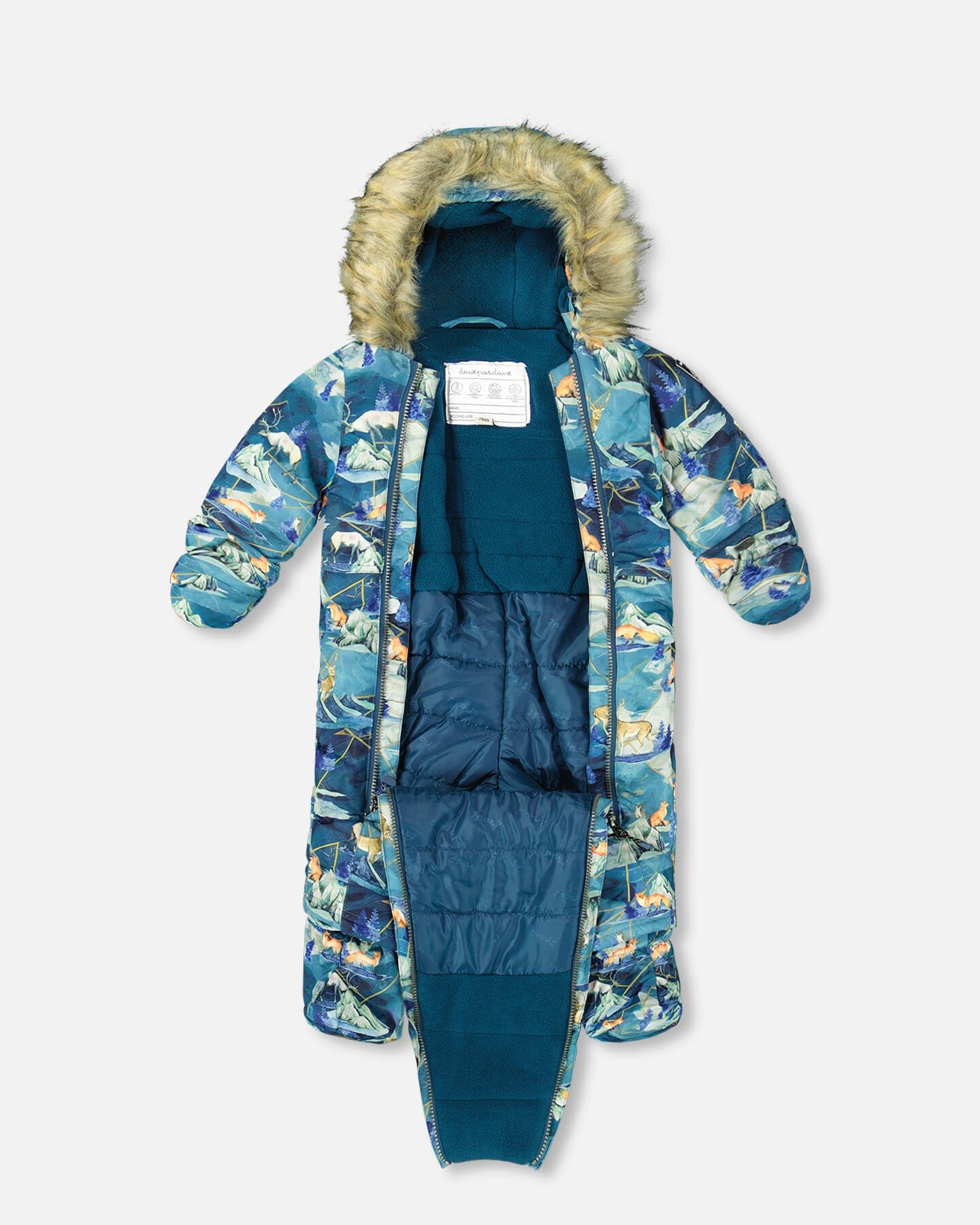 One Piece Baby Snowsuit Blue Printed Animals And Glaciers Designed For Car Seat Snowsuits Deux par Deux 