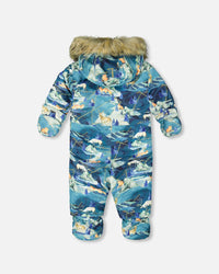 One Piece Baby Snowsuit Blue Printed Animals And Glaciers Designed For Car Seat Snowsuits Deux par Deux 