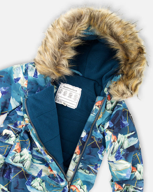 One Piece Baby Snowsuit Blue Printed Animals And Glaciers Designed For Car Seat Snowsuits Deux par Deux 