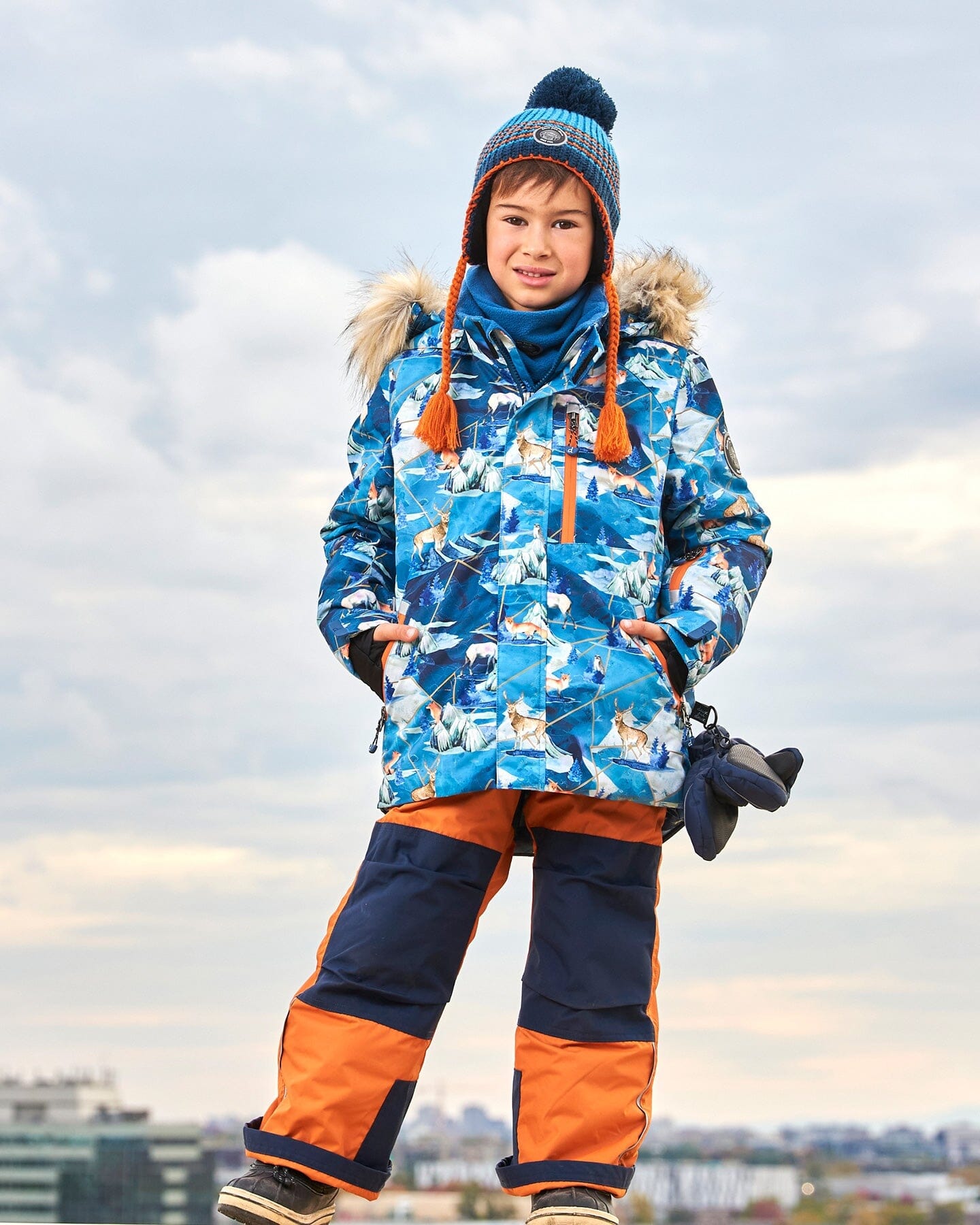 Two Piece Snowsuit Burnt Orange With Printed Animals And Glaciers - G10S811_824