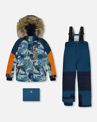 Two Piece Snowsuit Majolica Blue Printed Animals And Glaciers - G10S811_868