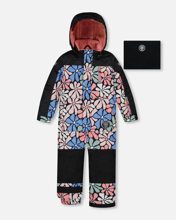 One Piece Snowsuit Printed Retro Flowers Blue - G10T720_006