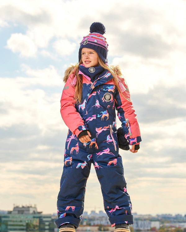 One Piece Snowsuit Navy Printed Unicorn - G10T721_012