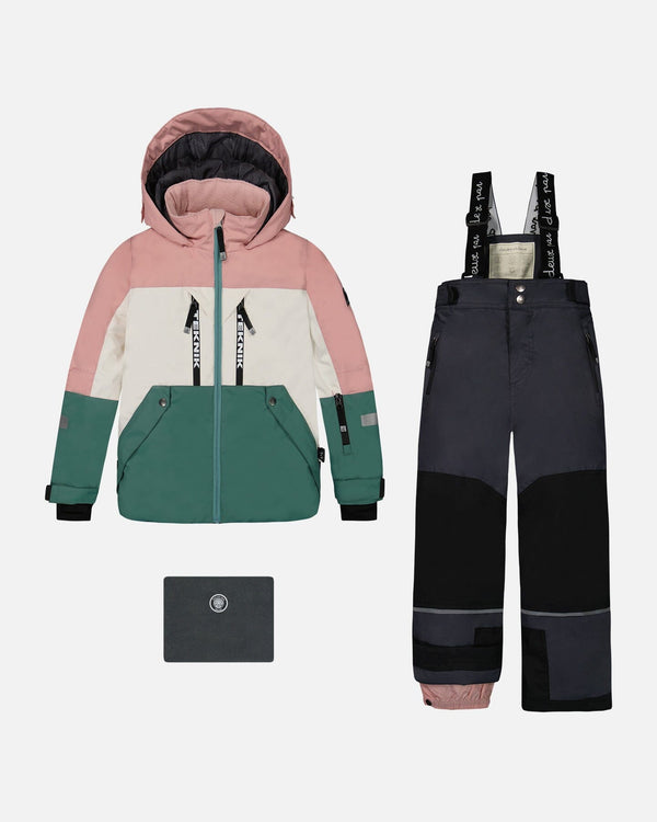 Two Piece TEKNIK Snowsuit Pink, White And Sage With Dark Grey Snowsuits Deux par Deux 