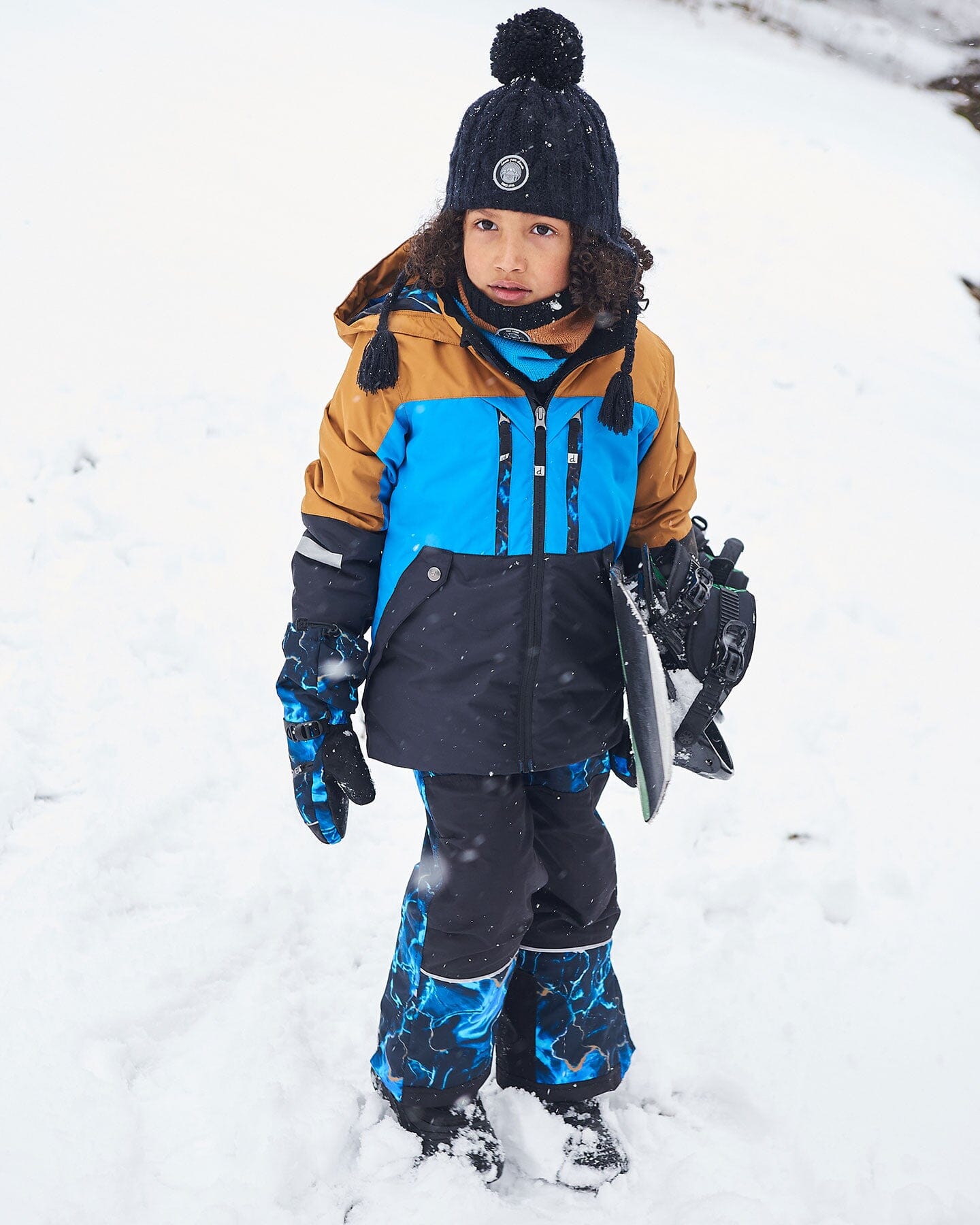 Two Piece Technical Snowsuit Brown, Blue And Black With Printed Storm Snowsuits Deux par Deux 