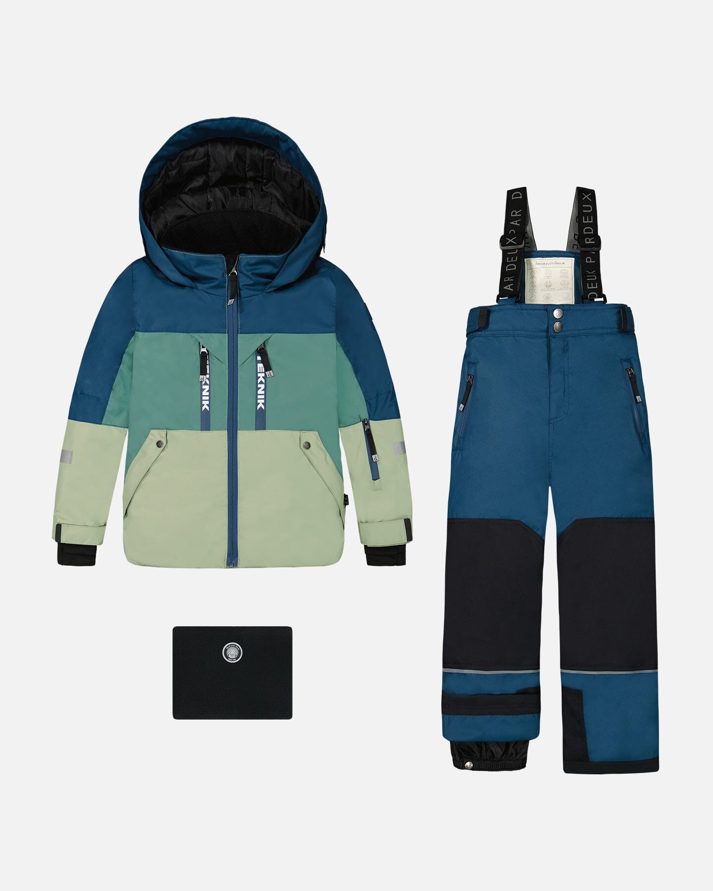 Two Piece TEKNIK Snowsuit Colorblock Blue, Green And Gray Snowsuits Deux par Deux 