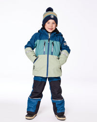 Two Piece Technical Snowsuit Colorblock Blue, Green And Gray Snowsuits Deux par Deux 