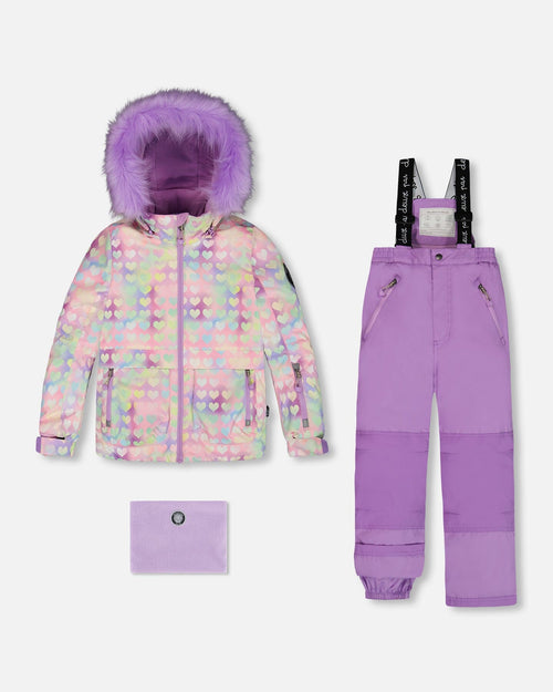 Two Piece Snowsuit Solid Pant Lilac With Jacket Printed Hearts Snowsuits Deux par Deux 