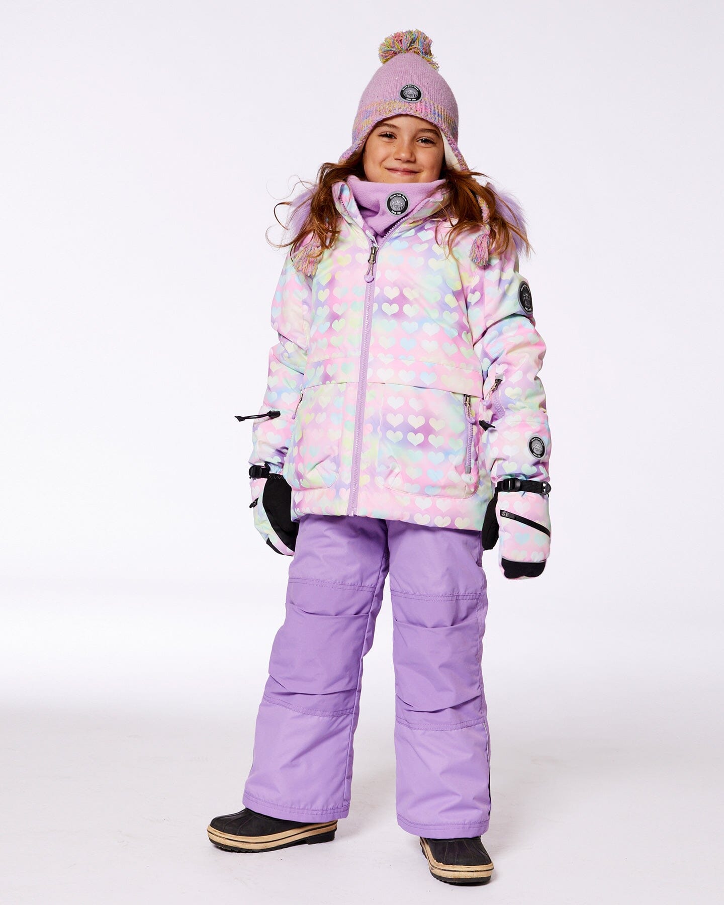 Two Piece Snowsuit Solid Pant Lilac With Jacket Printed Hearts Snowsuits Deux par Deux 