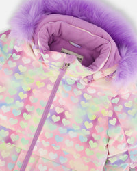 Two Piece Snowsuit Solid Pant Lilac With Jacket Printed Hearts Snowsuits Deux par Deux 