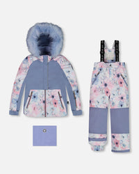 Two Piece Snowsuit Printed Watercolor Blue Flowers Snowsuits Deux par Deux 