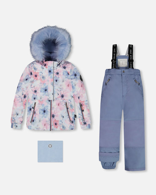 Two Piece Snowsuit Solid Pant And Printed Watercolor Blue Flowers Snowsuits Deux par Deux 