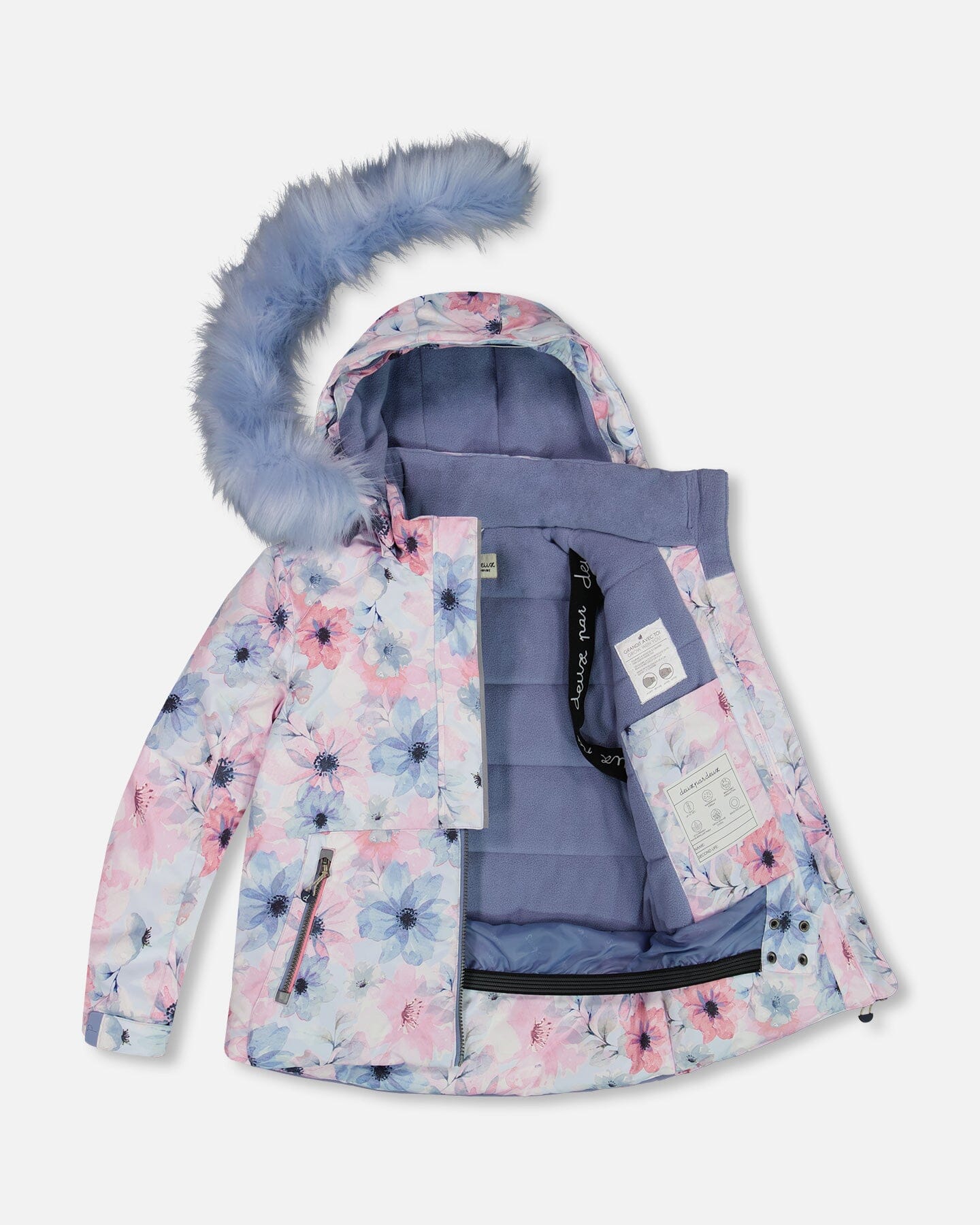 Two Piece Snowsuit Solid Pant And Printed Watercolor Blue Flowers Snowsuits Deux par Deux 