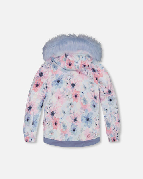 Two Piece Snowsuit Solid Pant And Printed Watercolor Blue Flowers Snowsuits Deux par Deux 