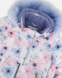 Two Piece Snowsuit Solid Pant And Printed Watercolor Blue Flowers Snowsuits Deux par Deux 